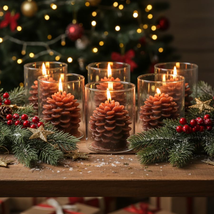 6 Sets Pine Cone Candles Flamm - đánh giá và giá Holiday Candle Set