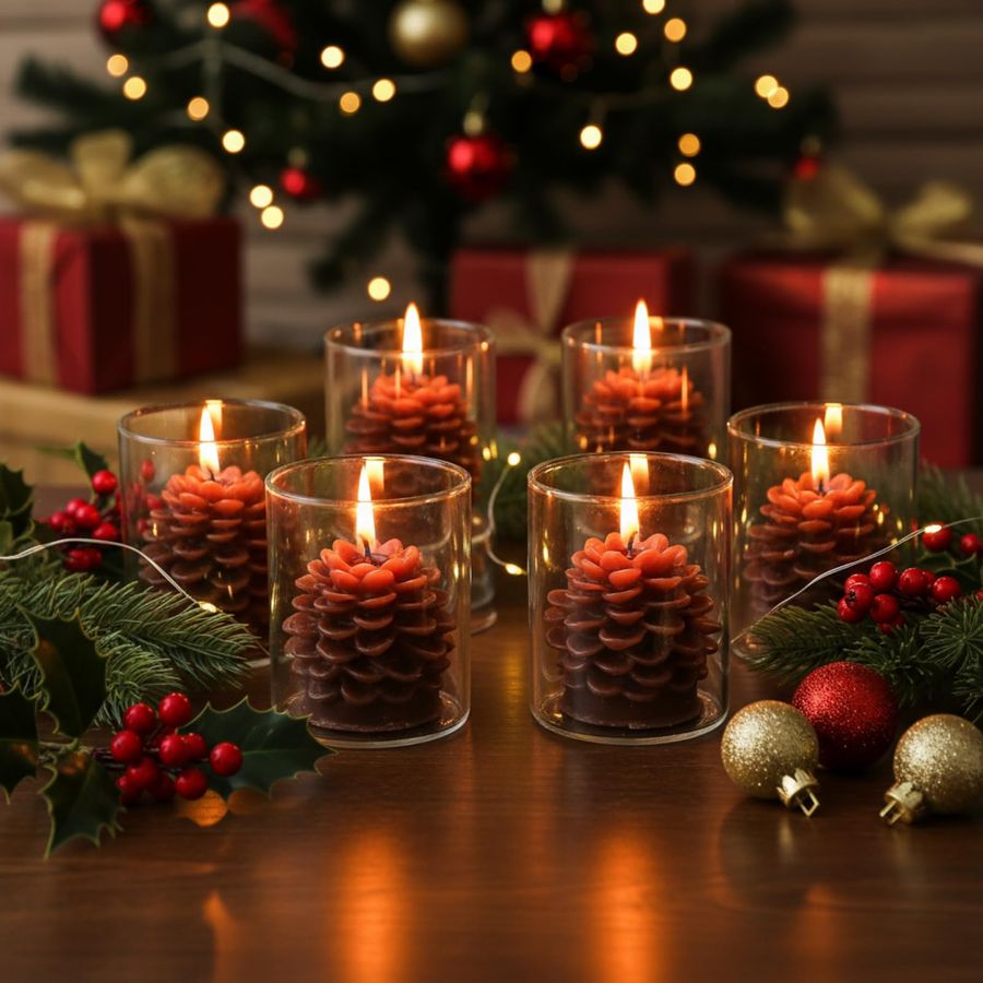 6 Sets Pine Cone Candles Flamm - đánh giá và giá Holiday Candle Set
